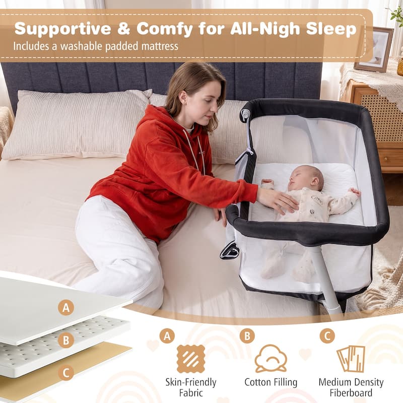 Gymax Bedside Crib w/ Mattress 5-Level Adjustable Height Protective