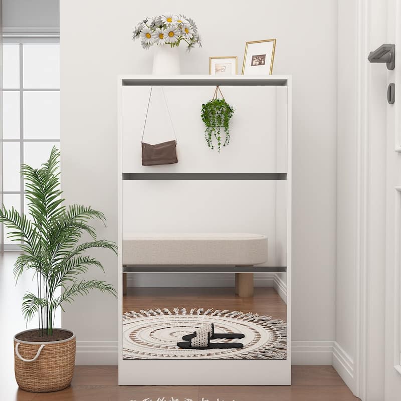 Wood Slim Shoe Storage Cabinet with Mirror - Matte White