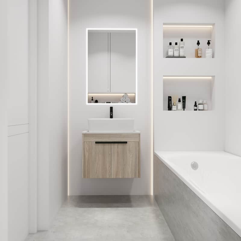 24 " Float Bathroom Vanity With Ceramic Basin Set,Wall Mounted White Oak Vanity With Soft Close Door,2 Pieces Parcel - White Oak