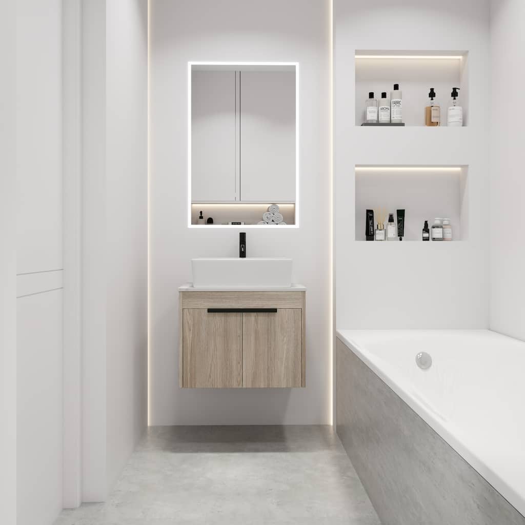 24 " Float Bathroom Vanity With Ceramic Basin Set,Wall Mounted White Oak Vanity With Soft Close Door,2 Pieces Parcel