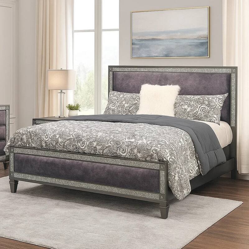 Laine Full Bed, Glam Crystal Acrylic Trim, Gray Fabric Upholstered
