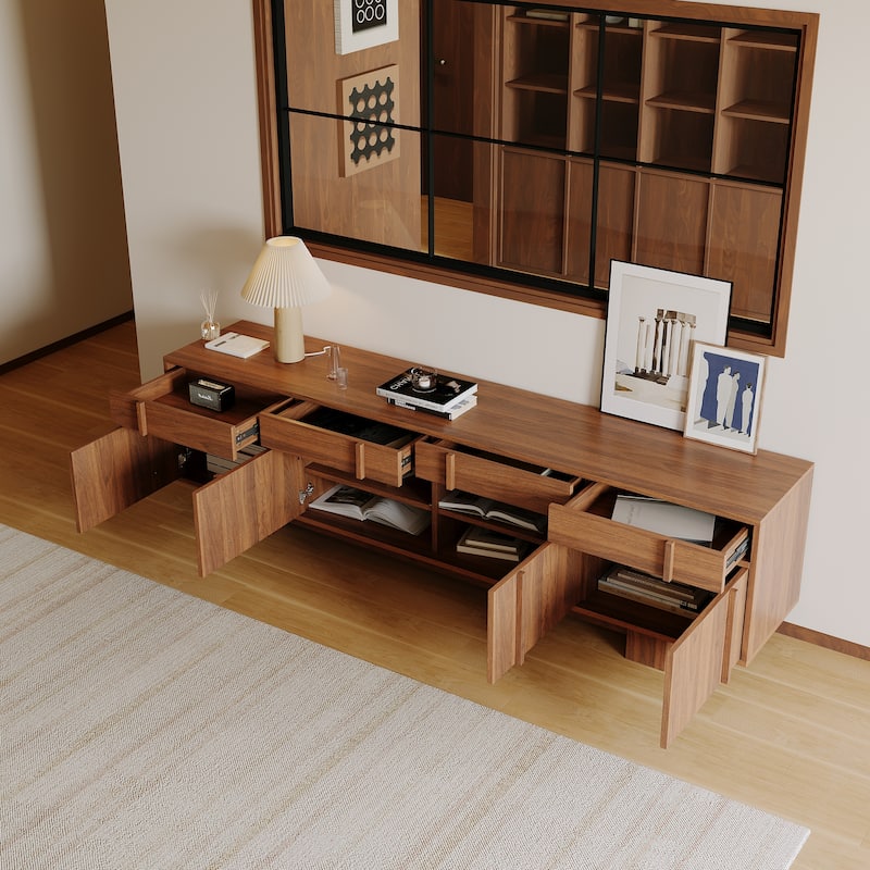 70.87" Mid Century TV Stands, Brown Wood Texture with ample Storages