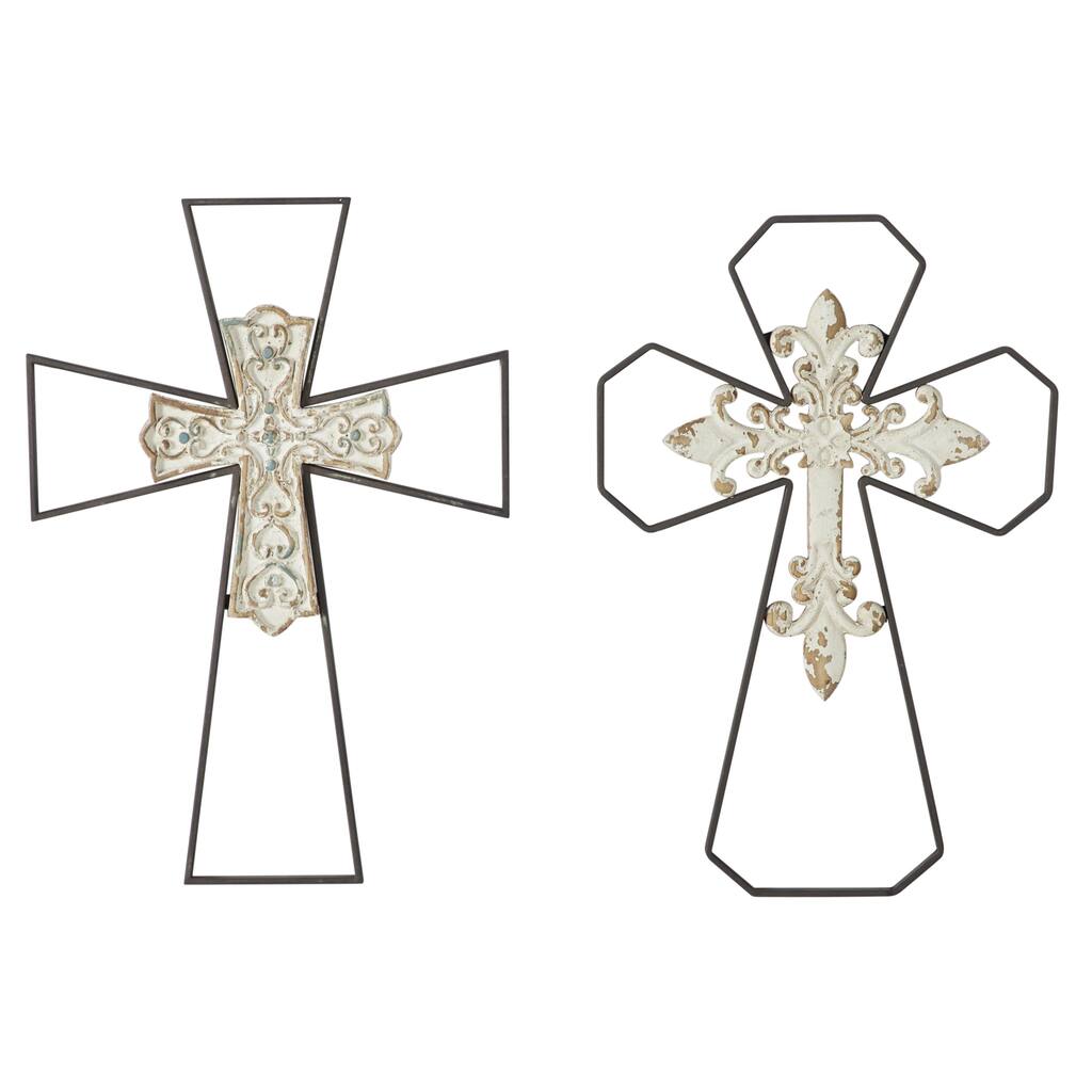 Metal Cross Carved Wood Wall Decor - Set of 2 Black - Roche River Decor