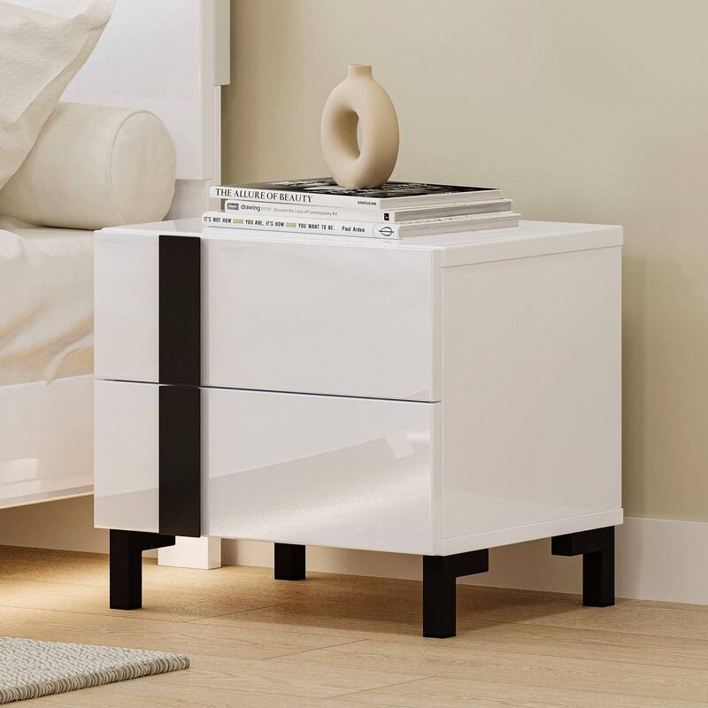 2/3/4-Pc Bedroom Sets Twin/Queen White Platform Bed w/LED/Nightstands/Ottoman/Headboard - Sherpa/High Gloss/Retro/Wood/Acrylic