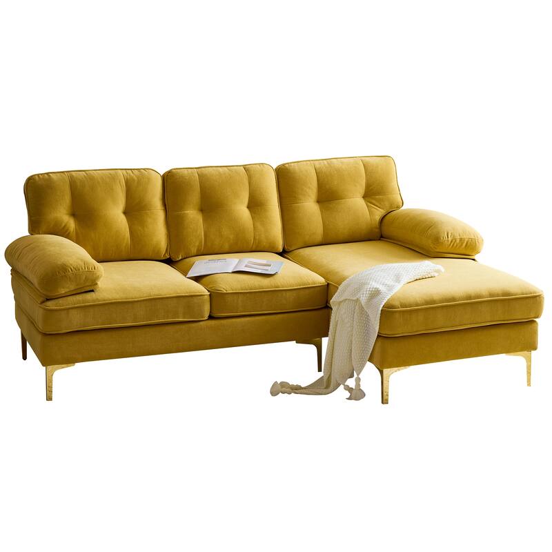 Modern Velvet L-Shaped Sectional Sofa with Metal Legs and Wide Backrest for Living Room Bedroom