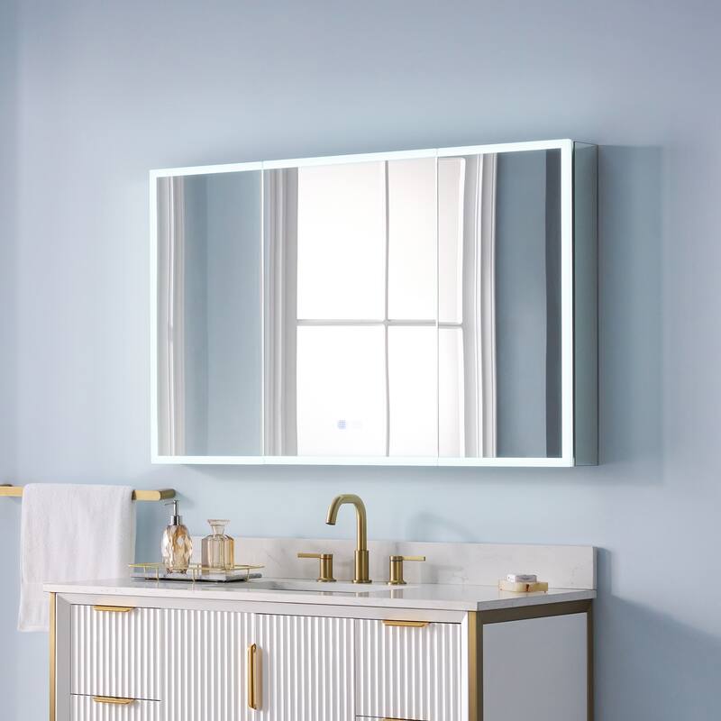 30'' H Recessed or Surface Frameless LED Mirror Cabinet With Defogger, Dimmer, Outlets & USB Ports 
