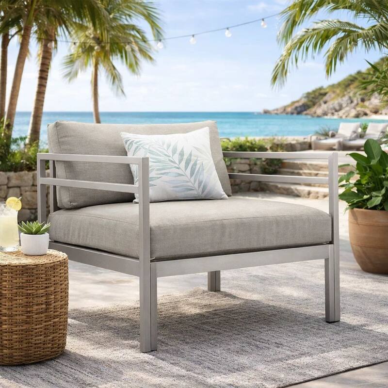 Billy 34 Inch Modern Outdoor Armchair, Gray Aluminum Frame, Fabric Cushions