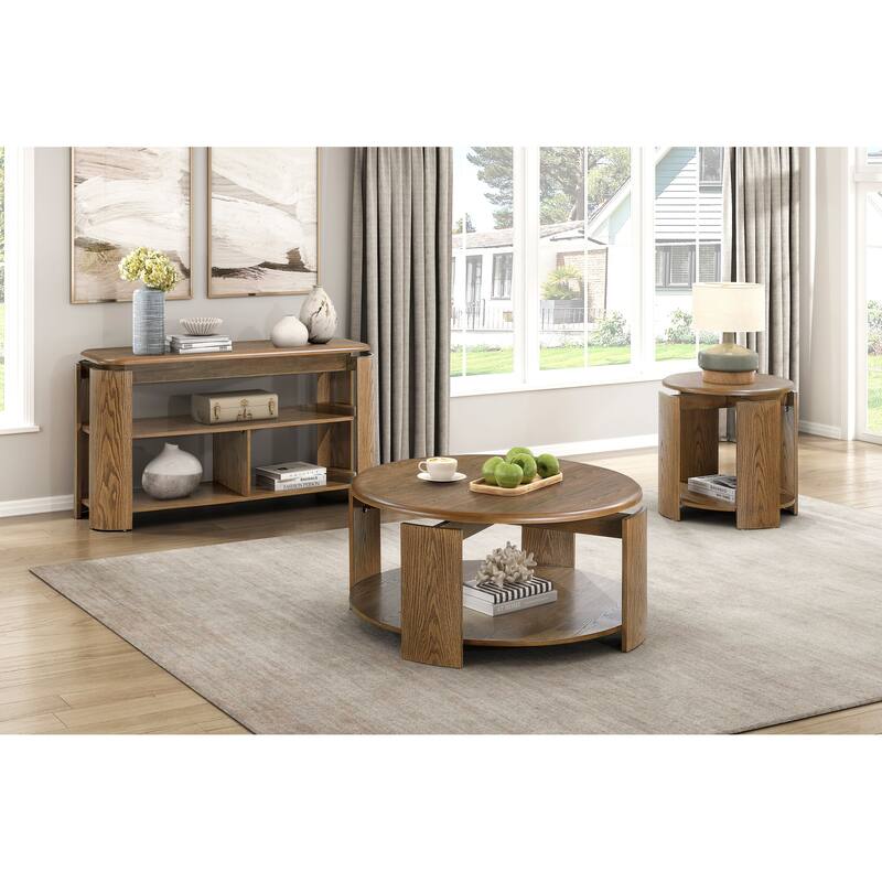 Brown Finish Round End Table with Open Shelf Living Room Furniture 1pc Side Table
