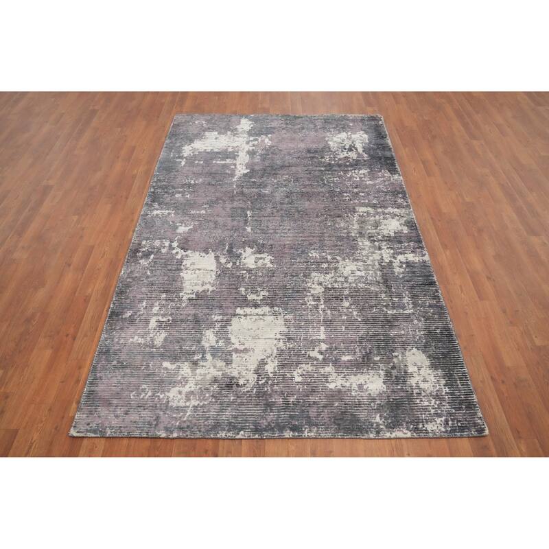 Hand Knotted Oriental Viscose Silk Carpet Modern All-Over Purples Abstract Area Rug - 8' 0'' X 5' 1''