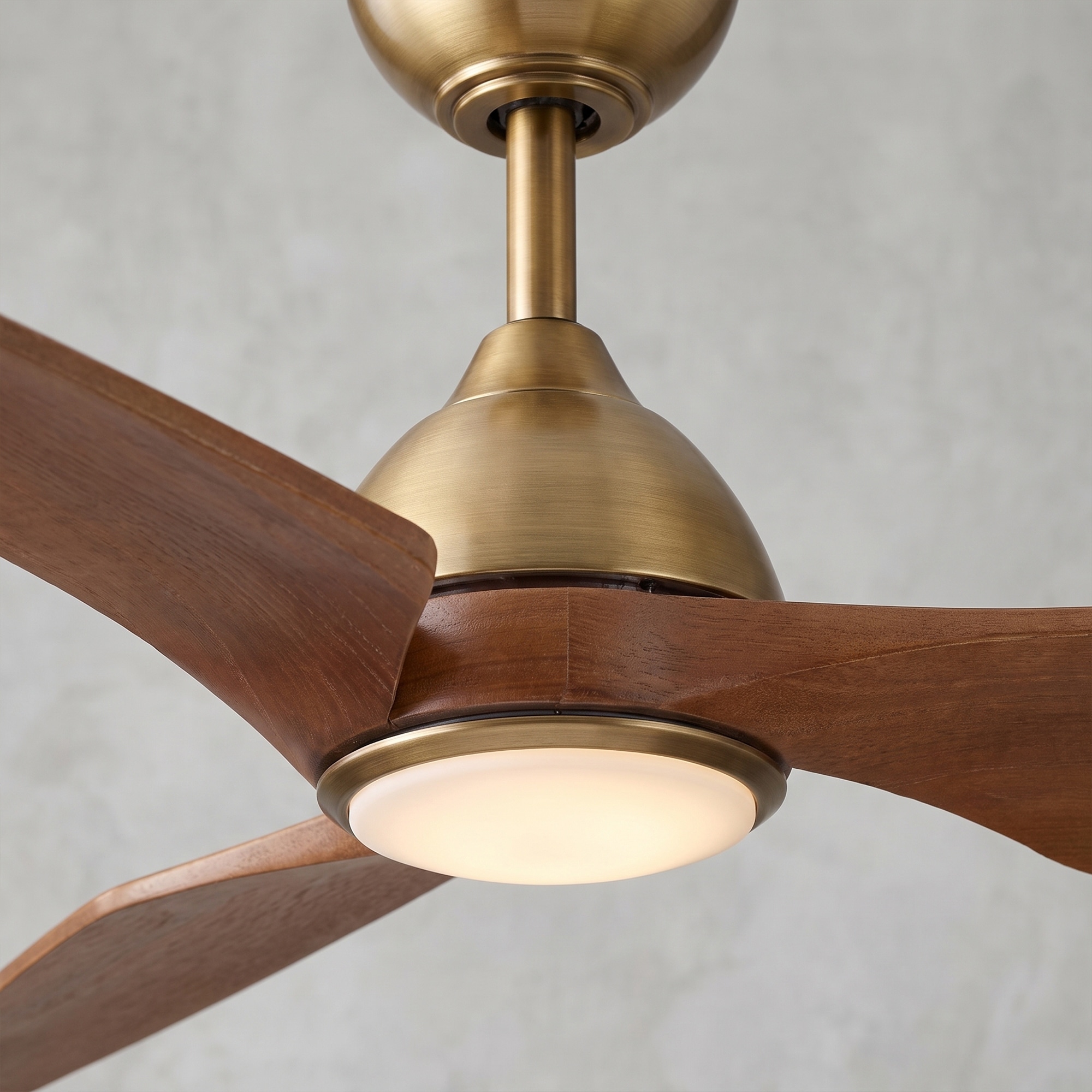 52" Natural Brass Mid-Century Solid Wood 3-Blade Dimmable Ceiling Fan with Light and Remote