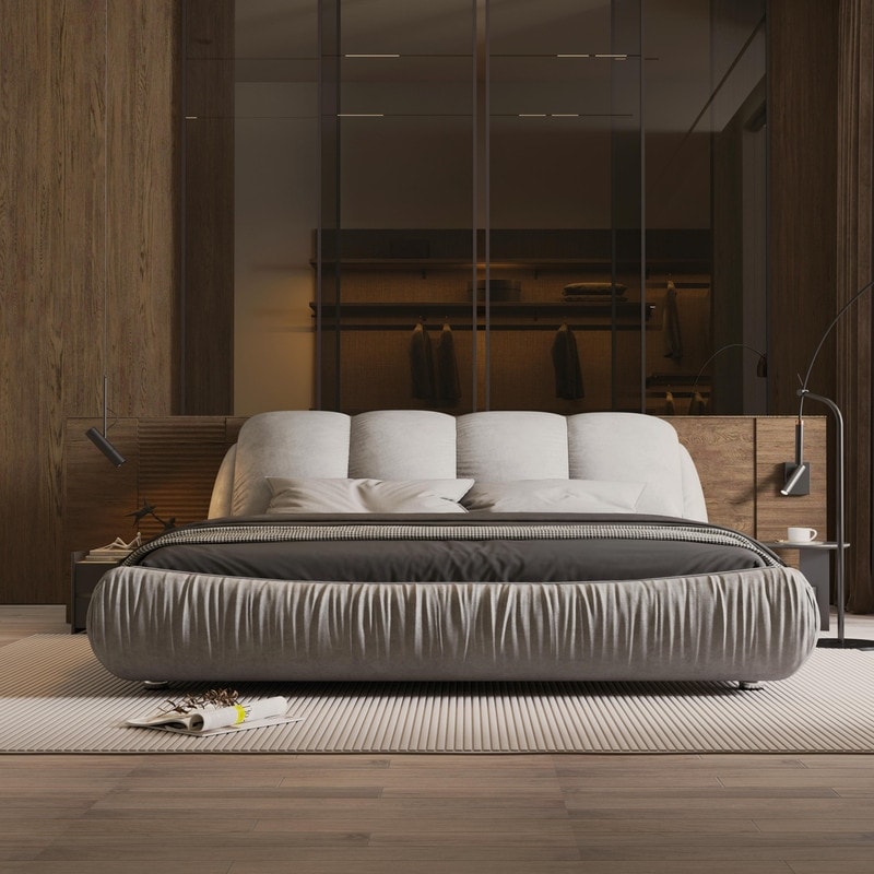 Queen/King Size Upholstered Platform Bed with Oversized Padded Backrest, Modern Bed Frame with Thickening Pinewooden Slats