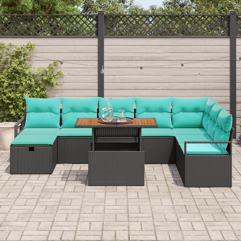vidaXL 9 Garden Sofa Set with Cushions Black/Grey Poly Rattan - 113 x 69.7 x 27.2