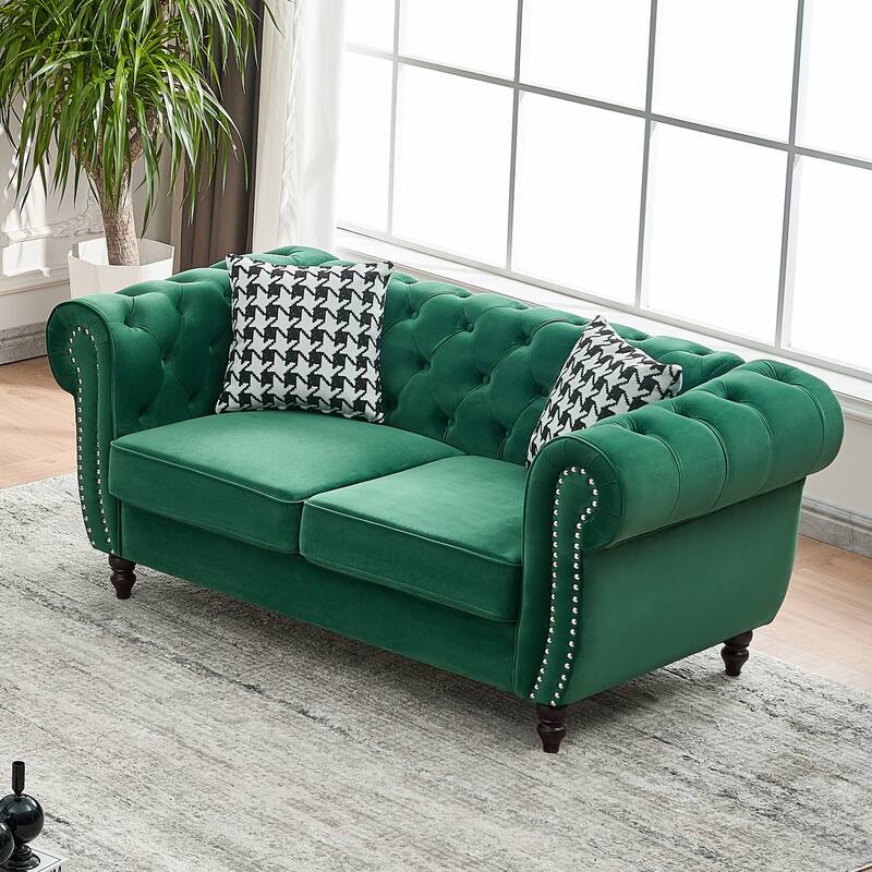 Velvet Upholstery Fabric 2-Seater Sofa with Rolled Armrests and Rivet Embellishments, for Living Rooms, Green