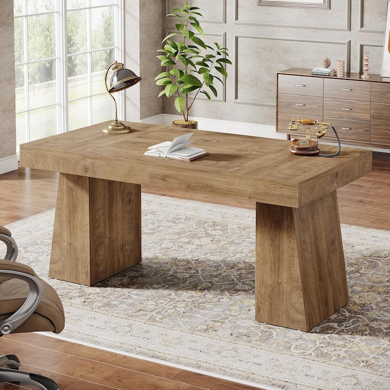 55" Executive Desk, Mid-Century Modern Wood Home Office Desk