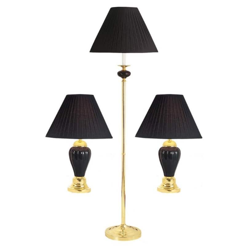 3-Piece Gold Ceramic Lamp Set 64” Floor Lamp & 2 Table Lamps with Red Empire Fabric Shades - 64" x 10" x 10"