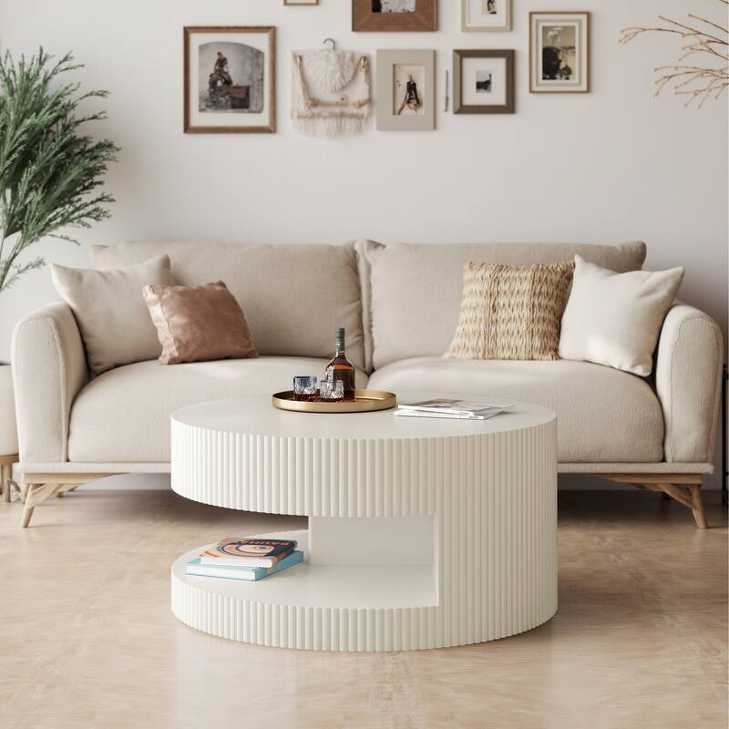 31.5" Round Coffee Table with Storage, Modern Wood Center Table with Vertical Stripe Detail for Living Room