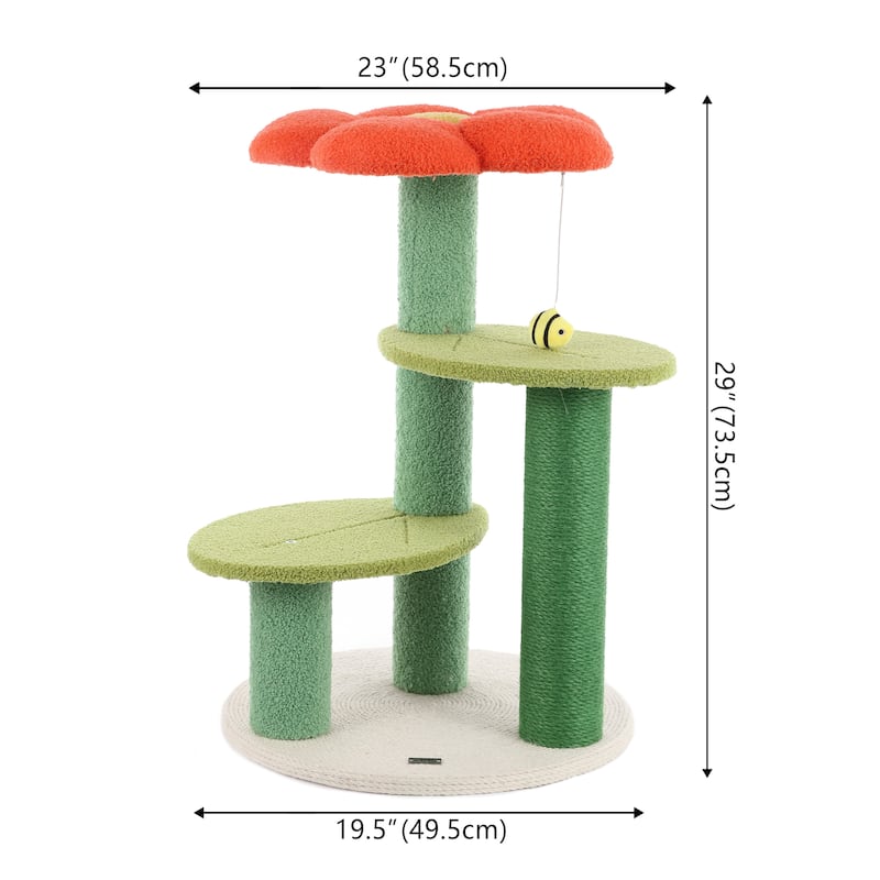 Poppy 29" 3-Tier Modern Jute Flower Cat Tree with Dangling Toy, Orange/Green