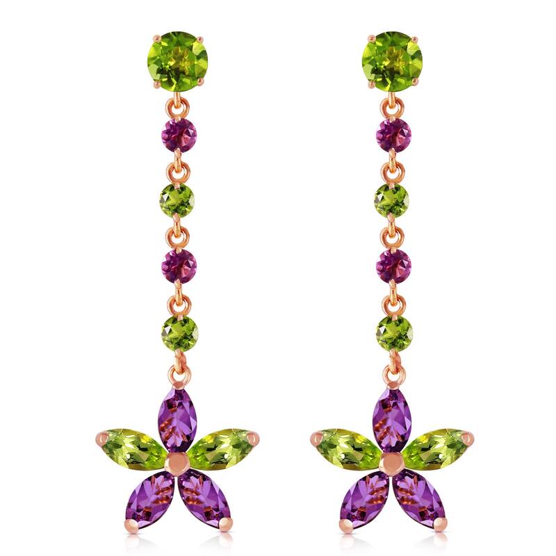 14K Solid Gold Chandelier Gemstone Earrings w/ Peridot & Amethyst