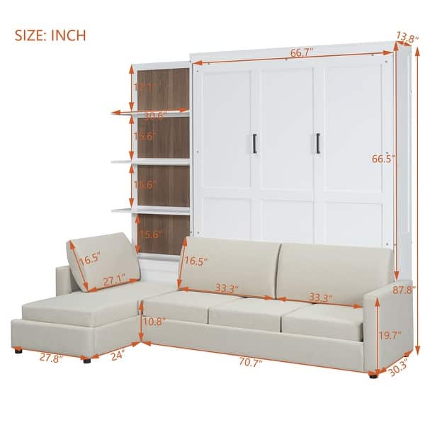 dimension image slide 0 of 3, Queen Size Murphy Bed Wall Bed with L Shaped Sofa, Wooden Wall Murphy Bed Frame with Storage Shelves, No Box Spring Needed