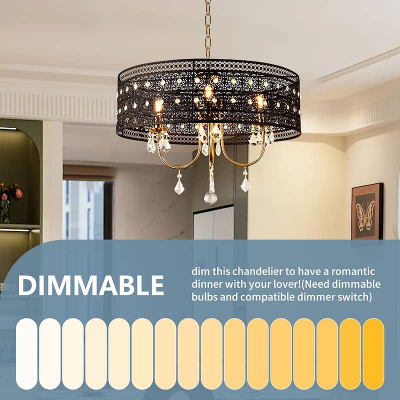 4-Light Elegant Black Lace - Trimmed Crystal Chandelier with Gold - Tone Hardware for Home Decoration - Matte Black