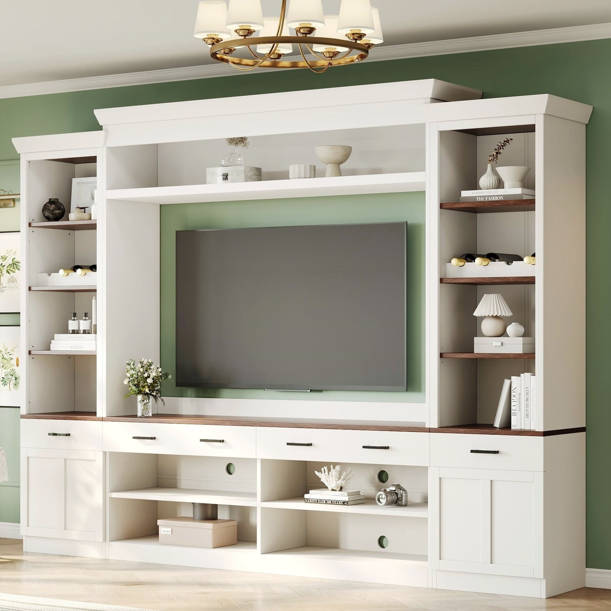 Farmhouse 4-Piece Entertainment Center with Bookshelf for TVs Up to 70", Walnut TV Stand with Adjustable Shelves