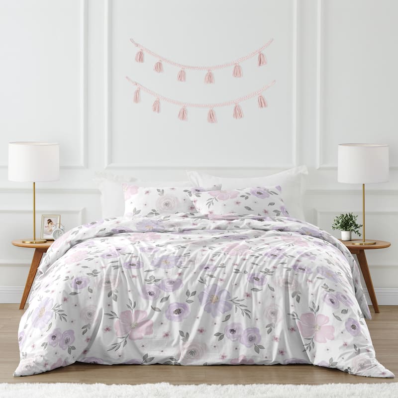 Sweet Jojo Designs Lavender Purple Boho Floral Girl Queen Duvet Cover Bedding Set Grey Watercolor Bohemian Farmhouse Shabby Chic