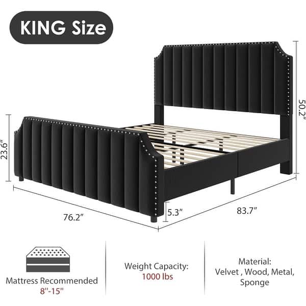 dimension image slide 4 of 6, Platform Bed Frame with 50.2" Headboard, Velvet Upholstered Bed Frame