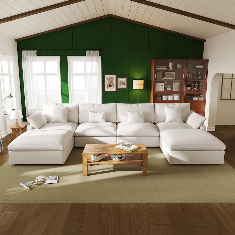 Oversized Linen Sectional Sofa Down Filled U-Shaped Couch for Living Room Set - White
