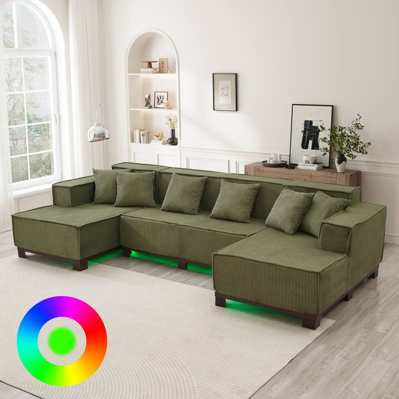 Roomfitters 130 Inch Modern U-Shaped Sectional Sofa with RGB LED Lights and 6 Pillows, Corduroy