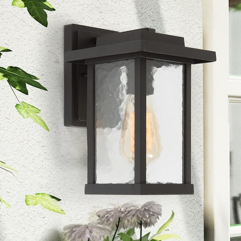 Transitional 1-Light Matte Black Outdoor Wall Sconce with Ripple Glass Panes - 6.5" L x 7.5" W x 11" H