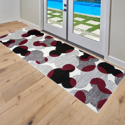Licensed Disney Mickey Mouse Bravo Toss Modern Geometric Mickey Head Red/ Grey/ Ivory Indoor Area Rug Runner, 8' - 2' 6" x 8'