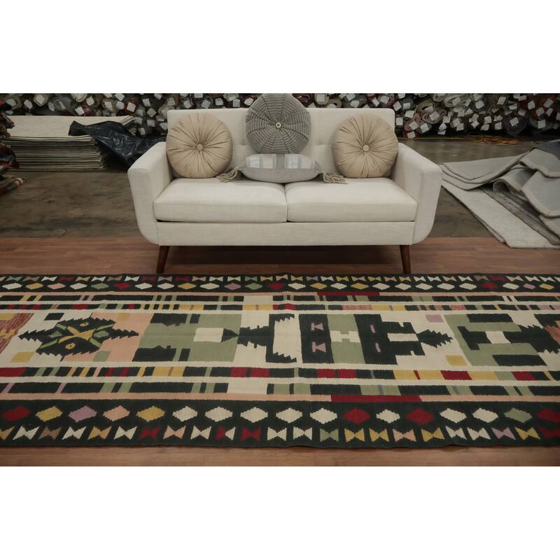 Hand Woven Oriental 100% Wool Carpet Southwestern Tribal Multi-Colored Kilim Runner Rug - 12' 1'' X 4' 3''