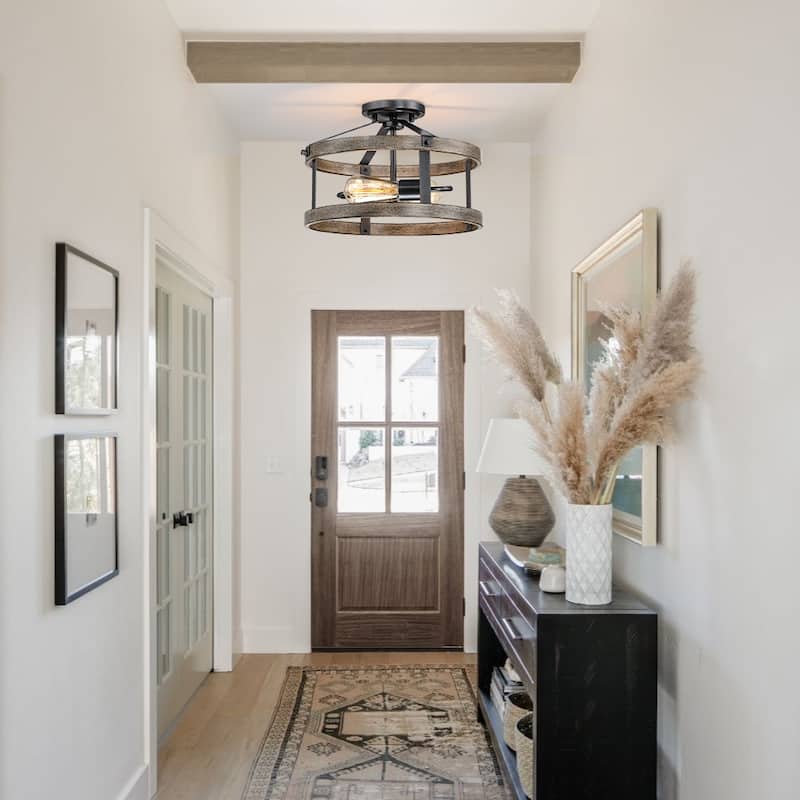 13 in. 2-Light Natural Iron and Distressed Faux Wood Industrial Farmhouse Semi-Flush Mount Ceiling Light