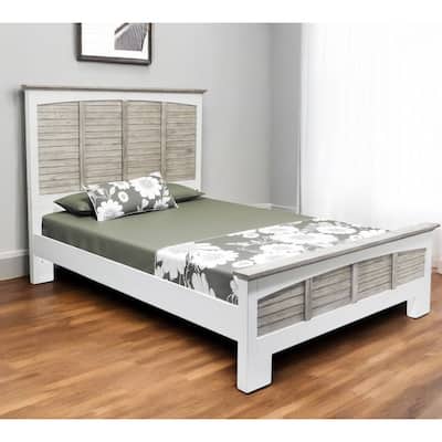 HomeRoots Gray Carved Geometric Distressed Solid Wood Queen Bed Frame