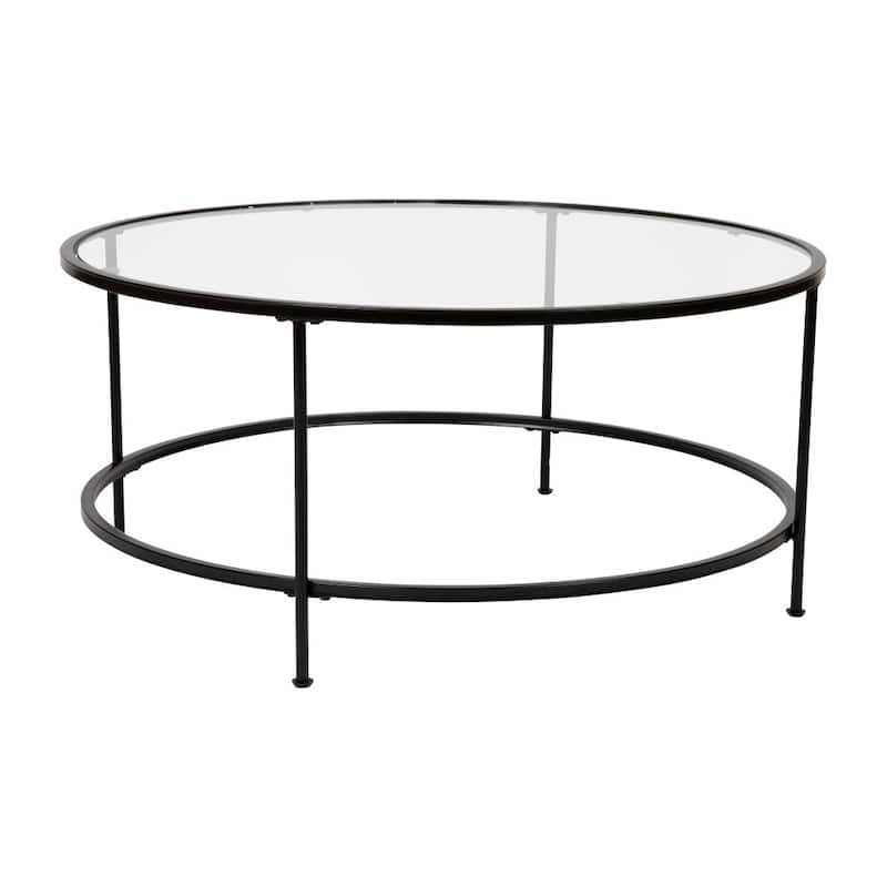 Glass Living Room Coffee Table with Round Metal Frame