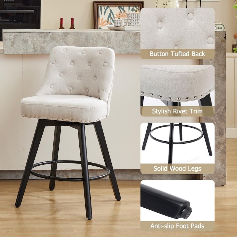 Bar Stools Set of 2, 26" Seat Height Barstools, Swivel Bar Chairs with Upholstered, Footrest, Backrest and Metal Legs