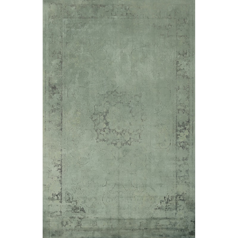 Machine Made Oriental Polyester Carpet Traditional Floral Green Tabriz Area Rug - 7' 5'' X 5' 2''