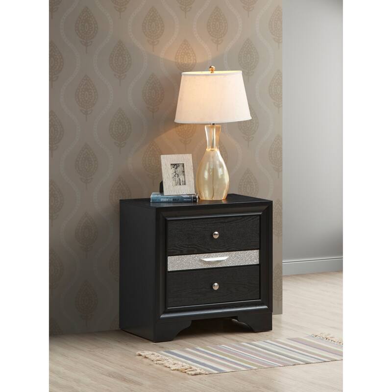 Black Laminate Nightstand with Silver Trim and Nickel Handles - Black