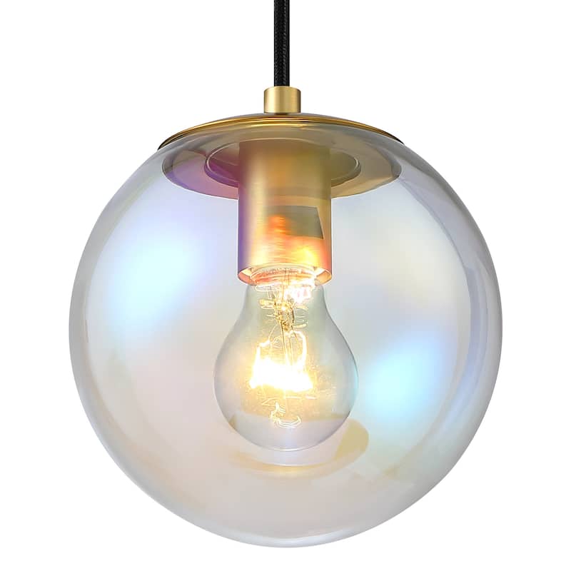 Neva 60 Watt 1-Light Brushed Gold Globe Pendant Light with Clear Iridescent Glass Shade - 7.75