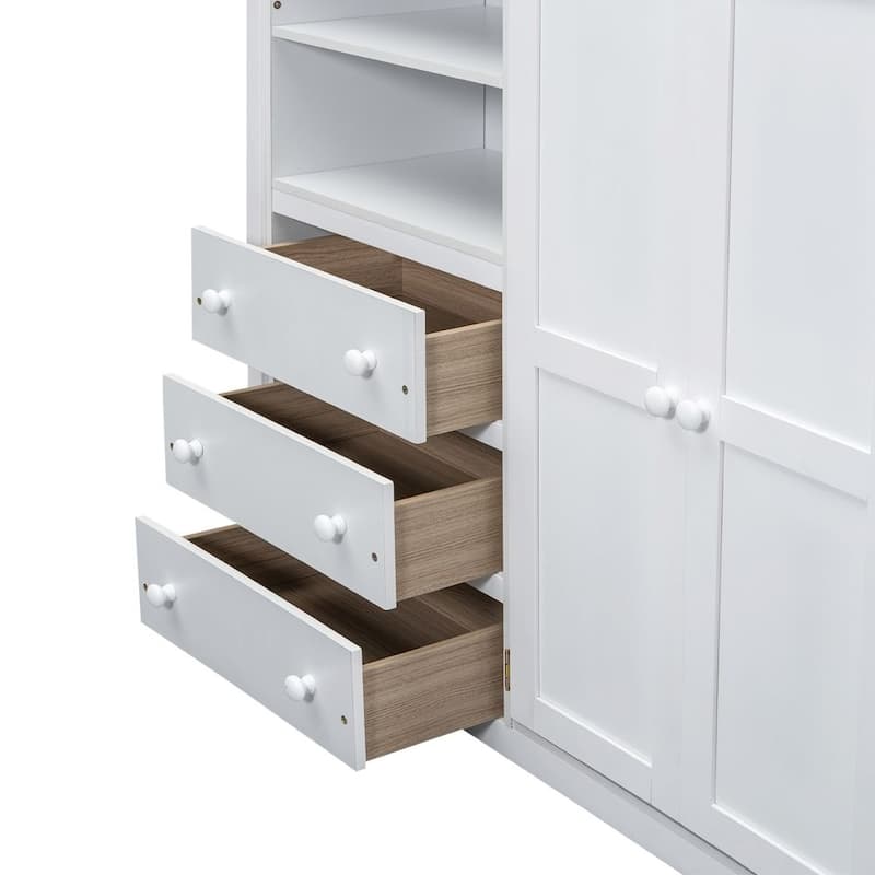 Wood Full Size Loft Bed with Built-in Wardrobe, Desk, Storage Shelves and Drawers