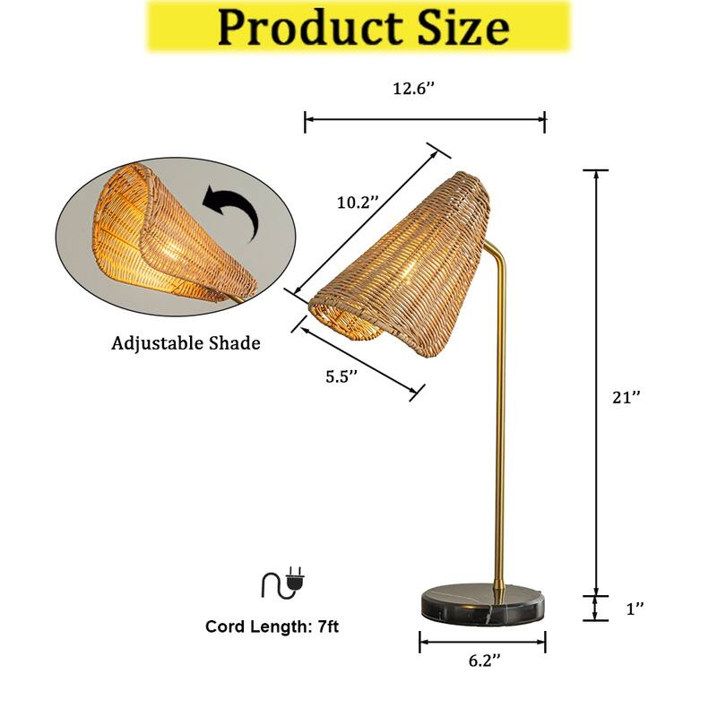 CraftHome Farmhouse Handwoven Rattan Table Lamp Antique Brass Finish Black Marble Base Nightstand Lamp For Bedroom - W13''