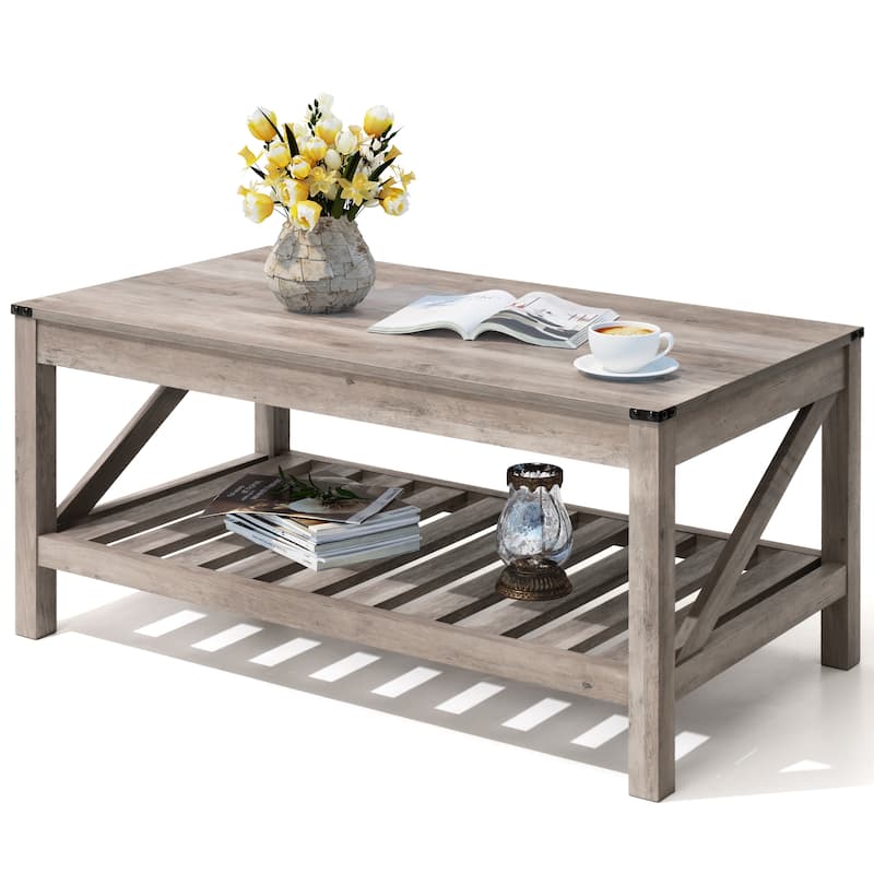 Pellebant 2-Tier Coffee Table Center Table Tea Table with Storage Shelf