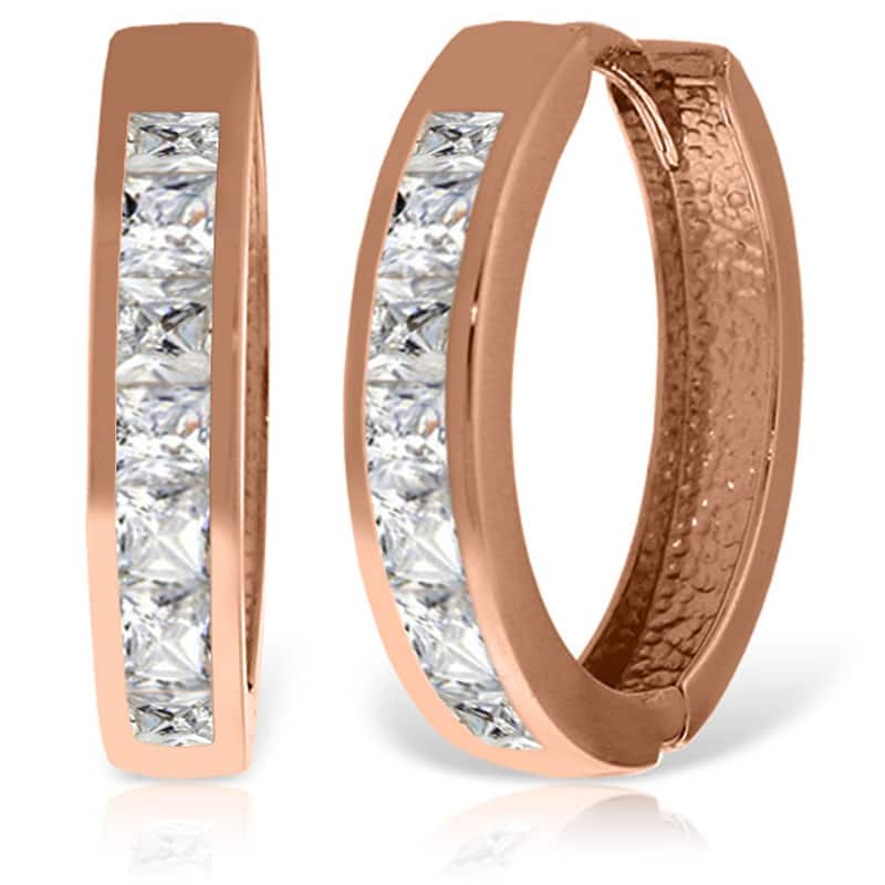 14K Solid Gold Hoop Huggie Gemstone Earrings w/ Natural White Topaz - Rose