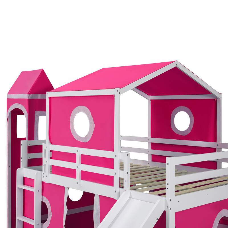 Pink Full Size Solid Wood Loft House Bed with Slide Tent, Tower, Ladder, and Fence Baffle for Bedroom
