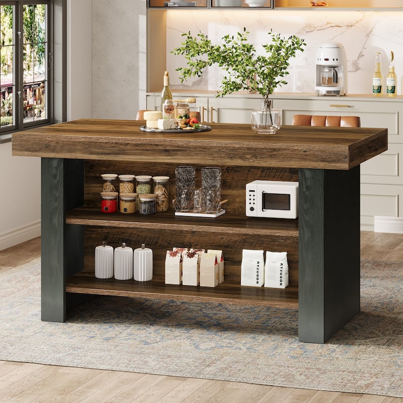 55-Inch Kitchen Island with Storage, Farmhouse Center Island Table - Brown & Black 