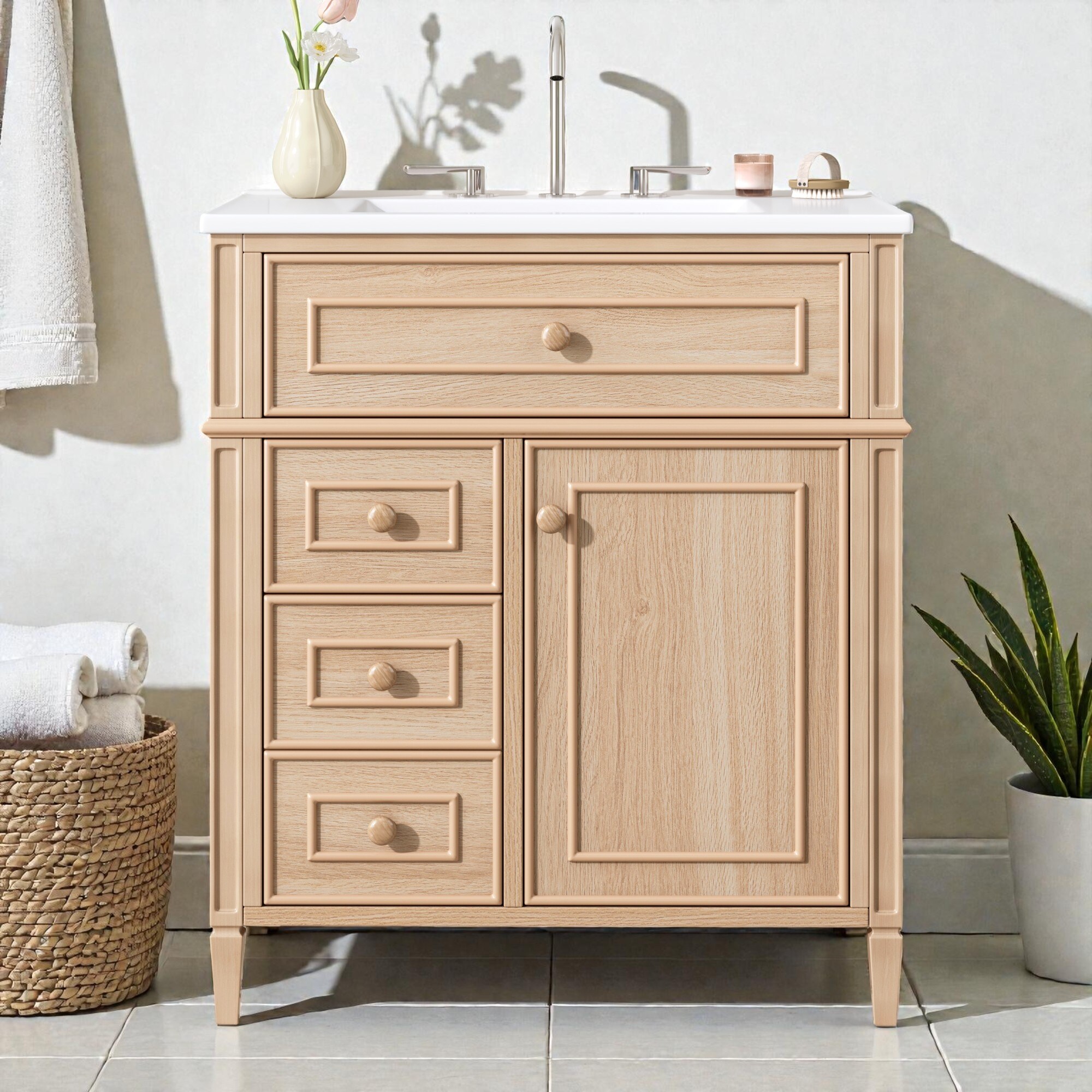 30" Bathroom Vanity with Ceramic Sink, Wood Cabinet with Flip-Out Drawer, Soft-Close Drawers and Door
