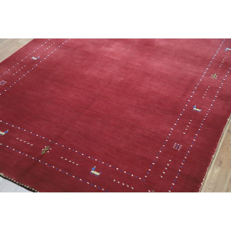 Modern Gabbeh Indian Area Rug Handmade Tribal Red Wool Carpet - 4'10" x 7'7"