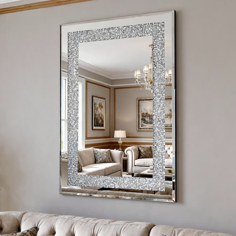 GDFStudio - Crystal Crush Diamond Rectangular Silver Wall Mirror - 36 x 24 Inch