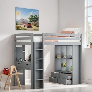 Twin Size Loft Bed with Large Storage Shelves, Wooden Bed with Writing Desk and Led Light, Kid's Bed with Drawers, Gray