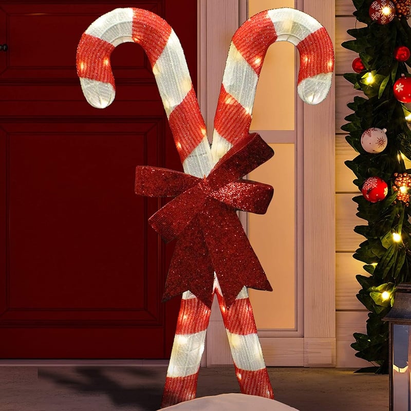 Joyfy Christmas Candy Canes Tinsel Yard Light Decorations, 50 Pre-Lit LED Warm White Lights - Red